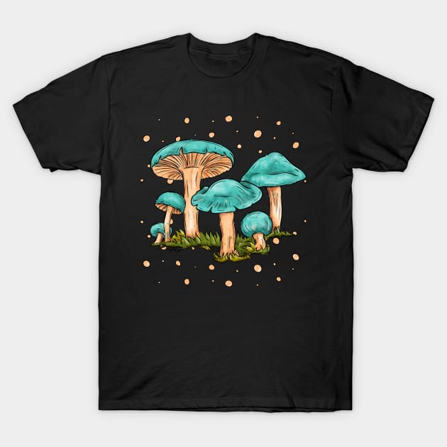 Bright blue mushrooms, cartoonish cottagecore art T-Shirt by NadiaChevrel